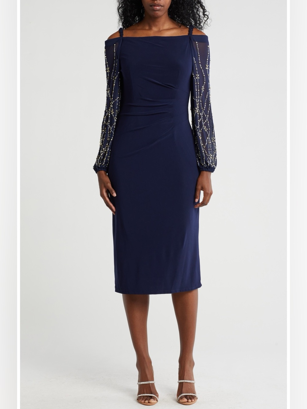 NWOT Marina Off the Shoulder Long Sleeve Beaded Midi Dress, Black, size Large - Picture 2 of 10